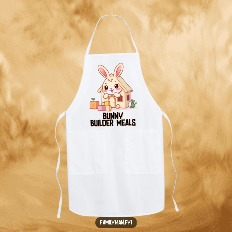 Funny playful bunny character building a house with blocks, on a functional apron for kitchen fun.
