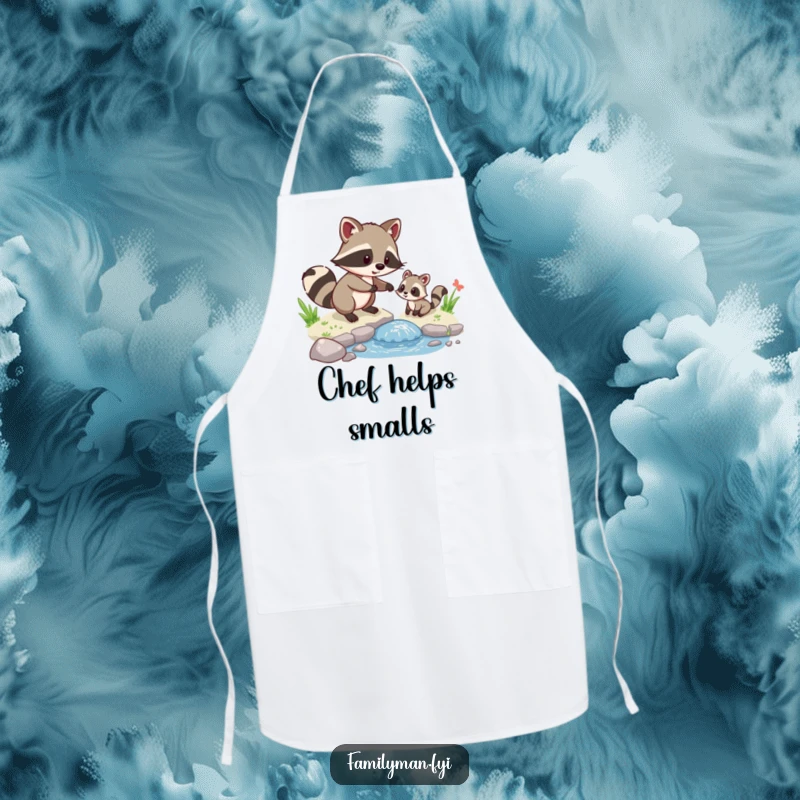 Funny Raccoon Chef Apron, a helpful raccoon character assisting a small animal crossing a stream, bringing humor to the kitchen.