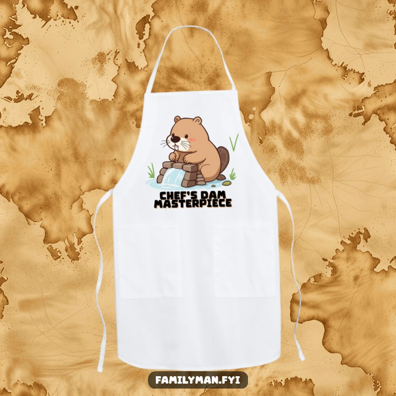 Funny Beaver Apron depicting a beaver building a dam, perfect for humorous and protective workshop sessions.