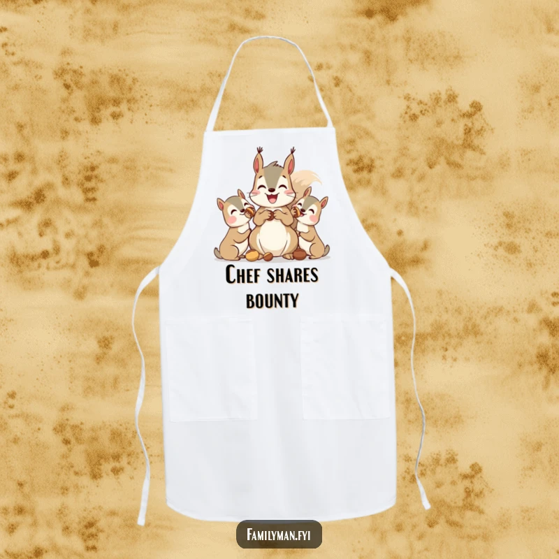 Funny squirrel apron, a squirrel happily sharing nuts with friends, ready for kitchen fun with a humorous touch.