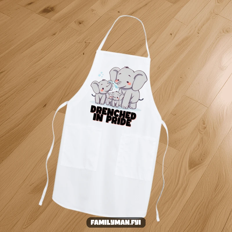 Funny dad elephant spraying water on his family, depicted on a durable apron. Brings humor and lightheartedness to cooking and kitchen activities.