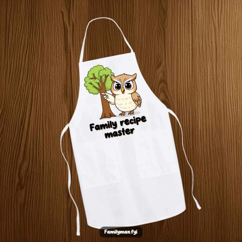 Funny owl apron showcasing a proud owl character pointing to a detailed family tree, ideal for kitchen use.