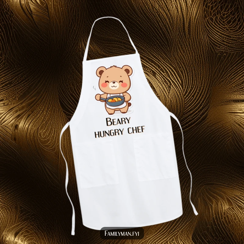 Funny cute bear character in apron, happily holding a frying pan with food, on a functional apron.