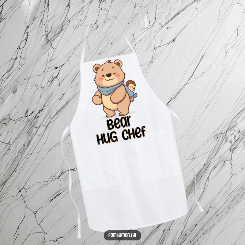 Funny Dad Bear Apron: A strong father bear character smiling while giving a piggyback ride, bringing humor to kitchen duties.