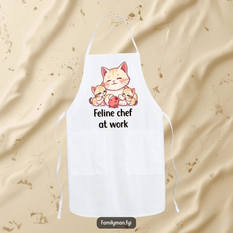 Funny proud dad cat watching kittens bat at a toy mouse, on a functional kitchen apron. Brings gentle humor and feline charm to cooking.