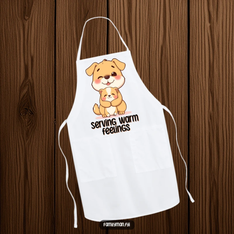 Funny apron featuring a cheerful dog character giving a heartwarming hug to a smaller animal.