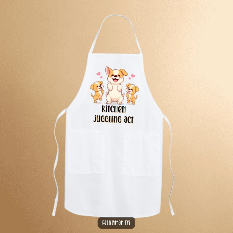 Funny apron showing a happy dog juggling three energetic puppies, a playful addition to any kitchen.