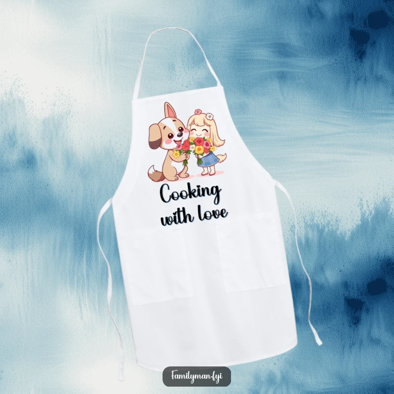 Funny happy dog character giving flowers with a smile, on a functional apron for kitchen fun.