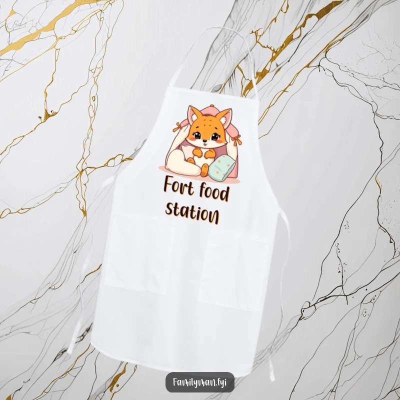 Funny fox cub apron, a cub building a pillow fort, ready for kitchen adventures with a smile.