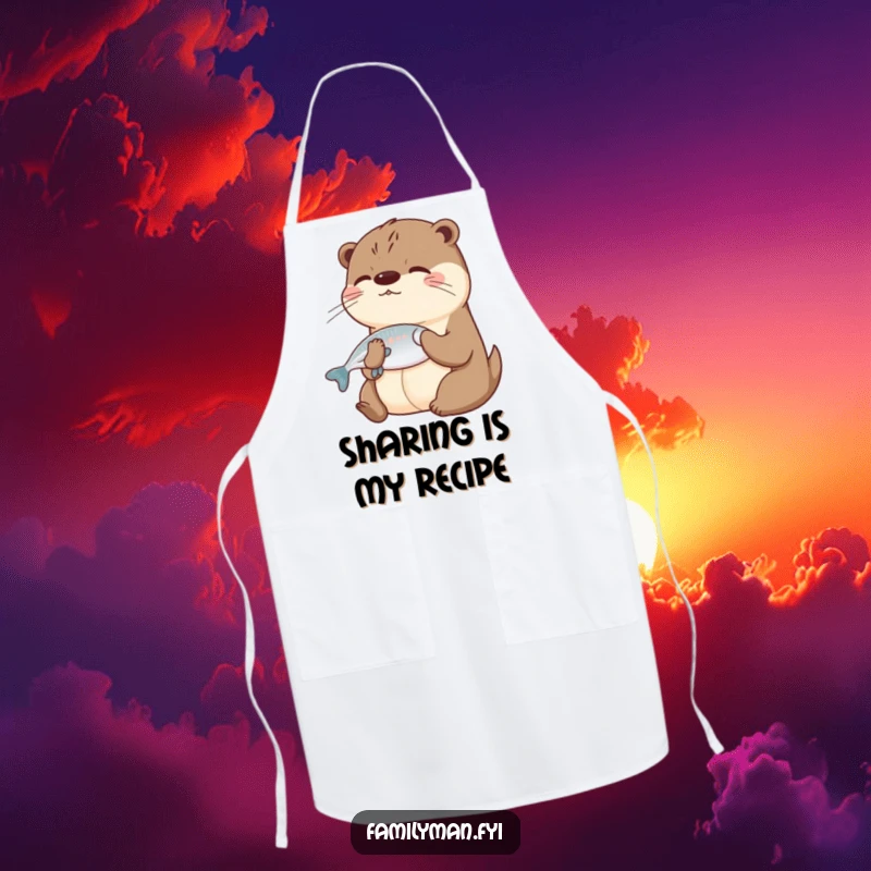 Funny Otter Apron depicting a playful otter sharing its fish catch, perfect for humorous cooking sessions.