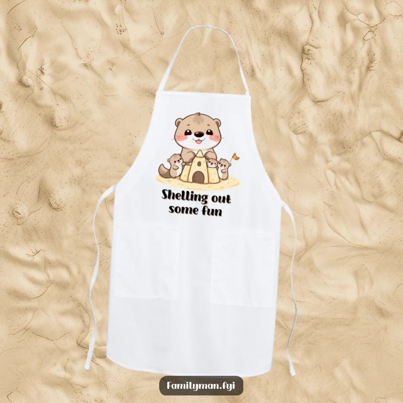 Funny Otter Apron: A cheerful otter family engrossed in building a sandcastle, ideal for keeping kitchen messes at bay with style.