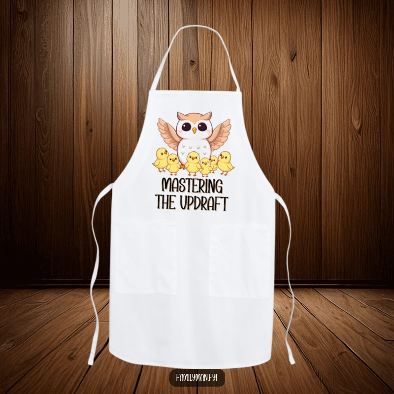 Funny owl character in an apron teaching flying skills, a humorous kitchen accessory for cooks and bakers.