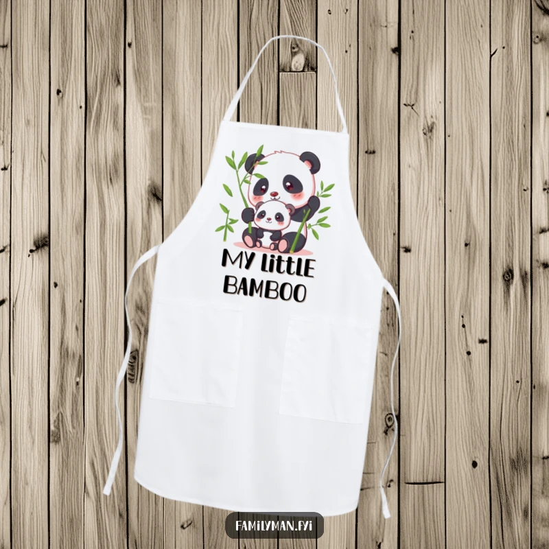 Funny panda apron depicting a parent panda sharing bamboo with its children, adding humorous calm to the kitchen.