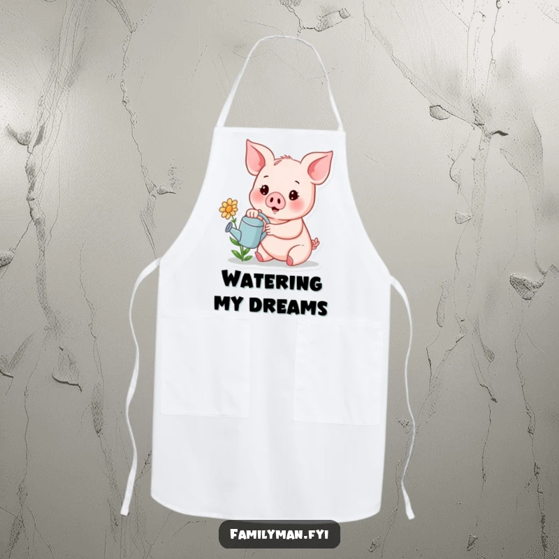 Funny apron showing a cheerful piglet holding a small watering can, watering a happy little flower.