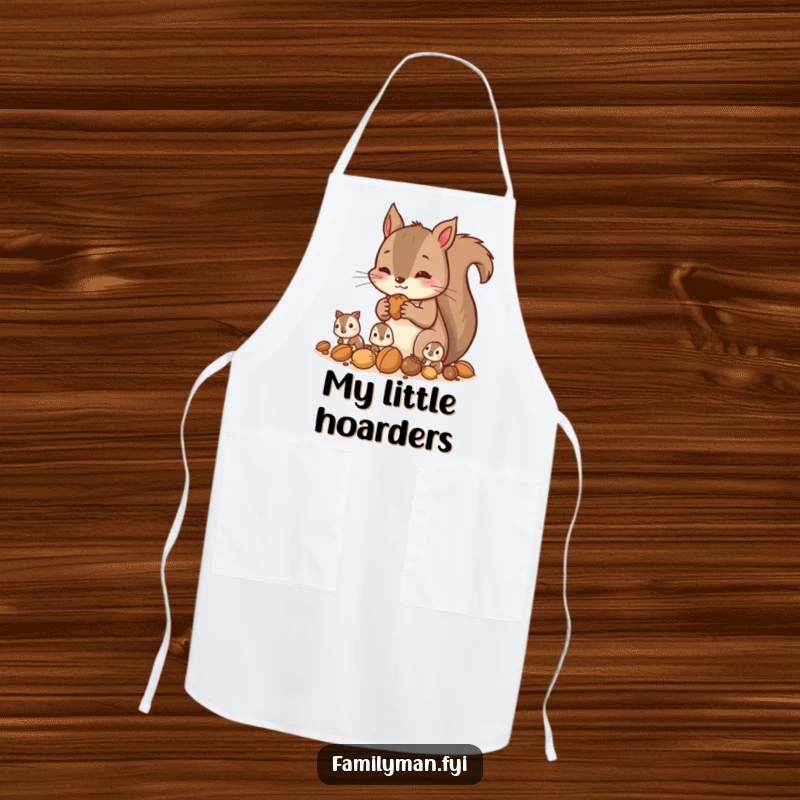 Funny squirrel apron depicting a parent squirrel gathering nuts with its children, adding humorous charm to cooking.