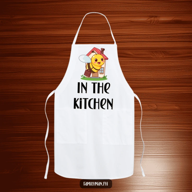 Funny apron depicting a busy bee with a briefcase, buzzing around a tiny, bustling house during its workday.