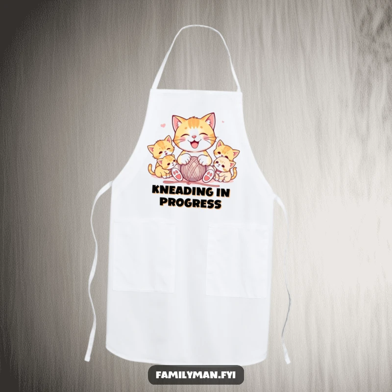 Funny cooking apron with a joyful cat character playing with yarn, surrounded by playful kittens, adding a humorous and cute touch to kitchen activities.