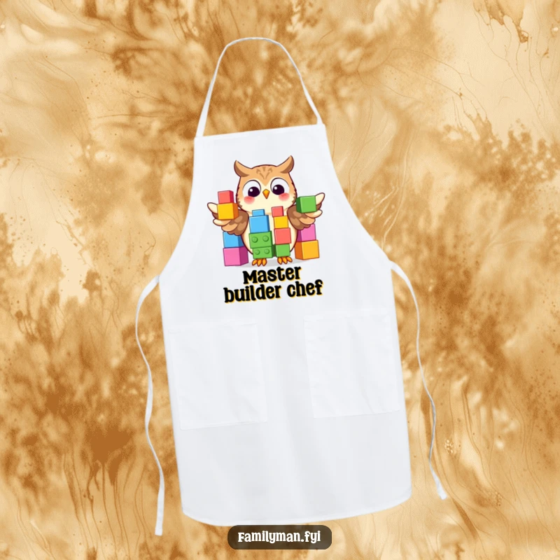 Funny Apron showcasing a proud owl displaying a colorful stack of oversized building blocks, making meal prep a smart affair.