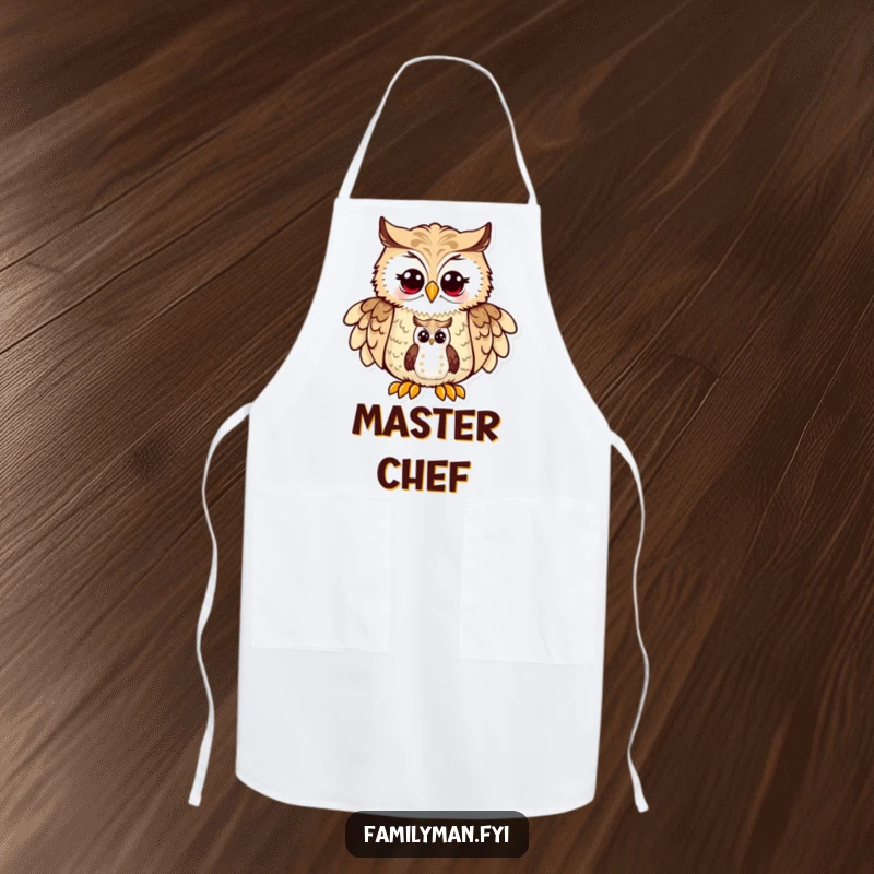 Funny Dad Owl Apron: A proud father owl character showing a map to his owlet, symbolizing guidance and kitchen expertise.