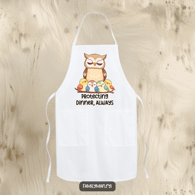 Funny Owl Apron showing a thoughtful owl overseeing kitchen tasks, adding a humorous touch to cooking and baking.