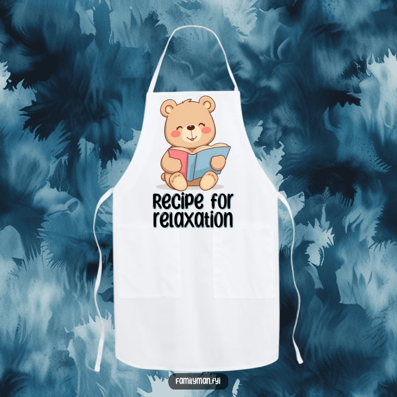 Funny bear apron with a warm smile contentedly reading a large storybook, humorous kitchen wear for story lovers.