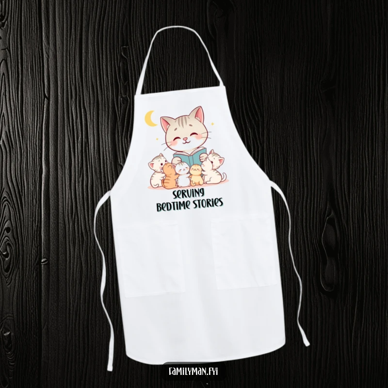 Funny cat apron displaying a loving mother cat reading a captivating bedtime story to her attentive kittens, ideal for the kitchen.