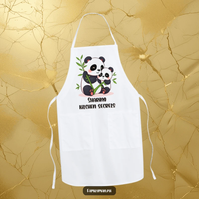 Funny apron with two pandas sharing bamboo, bringing a humorous and charming element to kitchen activities.