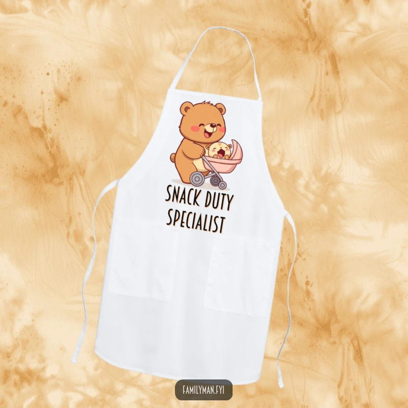 Funny apron showing a beaming bear pushing a stroller with a yawning baby animal, ideal for fun mealtimes, a funny gift.
