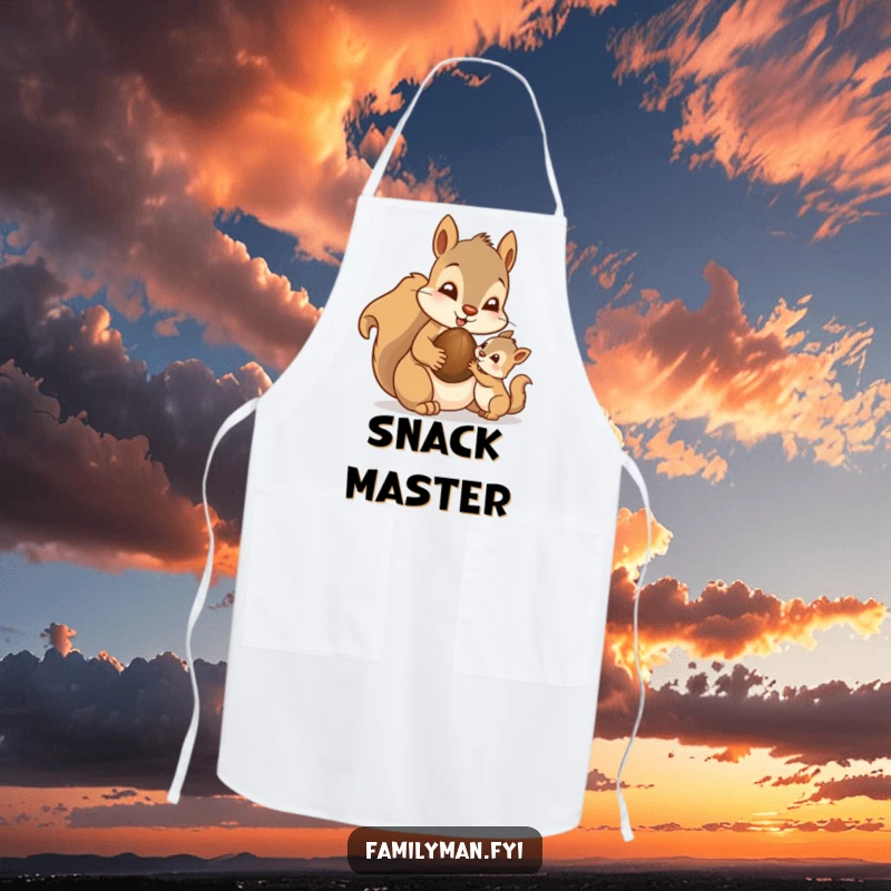 Funny Dad Squirrel Apron: A doting father squirrel character sharing a nut with its young, bringing humor to cooking.
