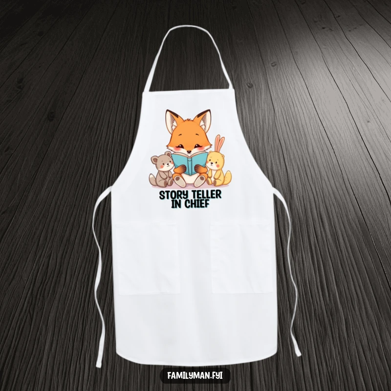 Funny cooking apron with a curious fox character reading a book to a group of stuffed animals, adding a humorous touch to kitchen activities.
