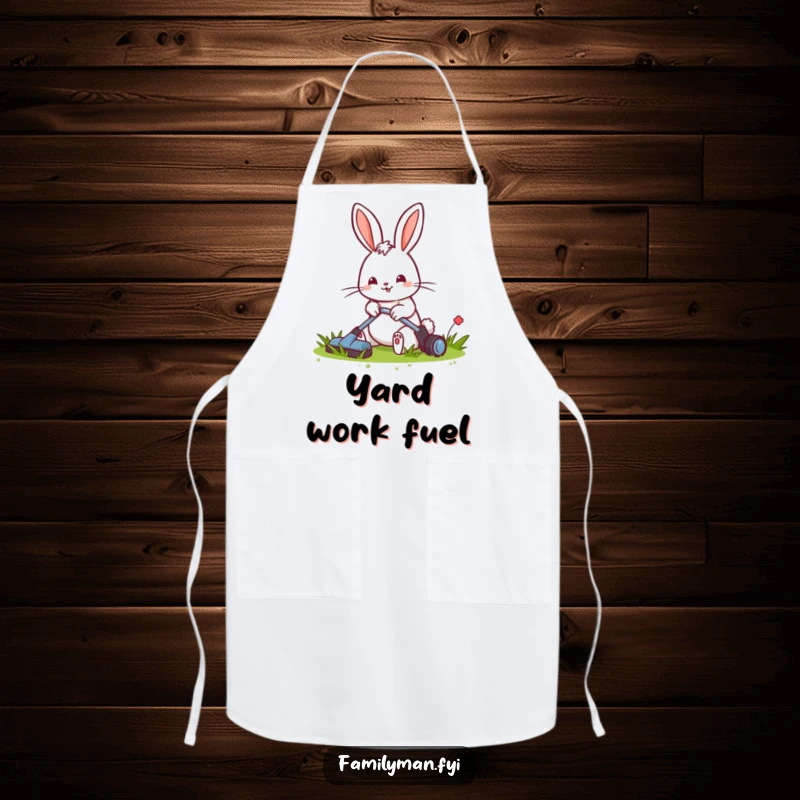 Funny apron featuring a cheerful rabbit mowing a small, tidy lawn, a perfect accessory for the garden-loving cook.