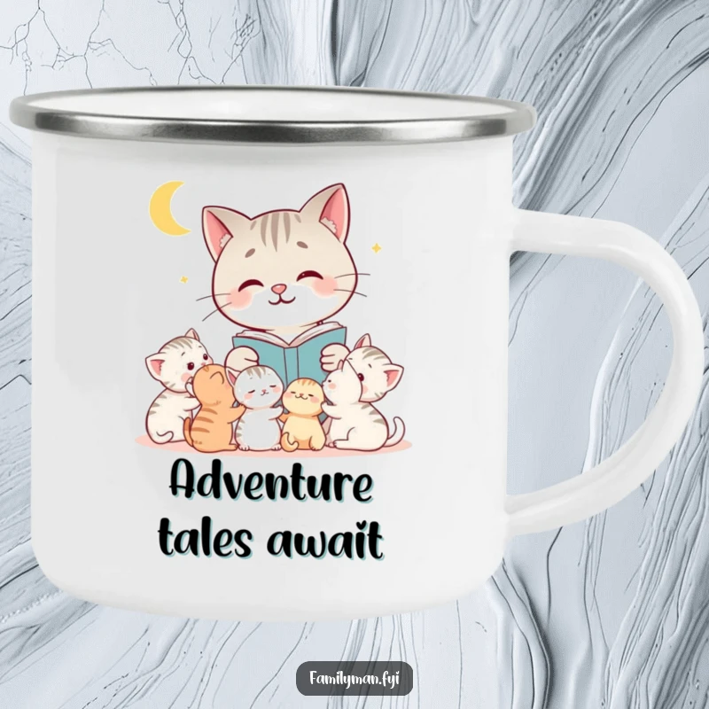 Funny cat camping mug showing a loving mother cat reading a bedtime story to her kittens, perfect for sipping hot drinks outdoors.
