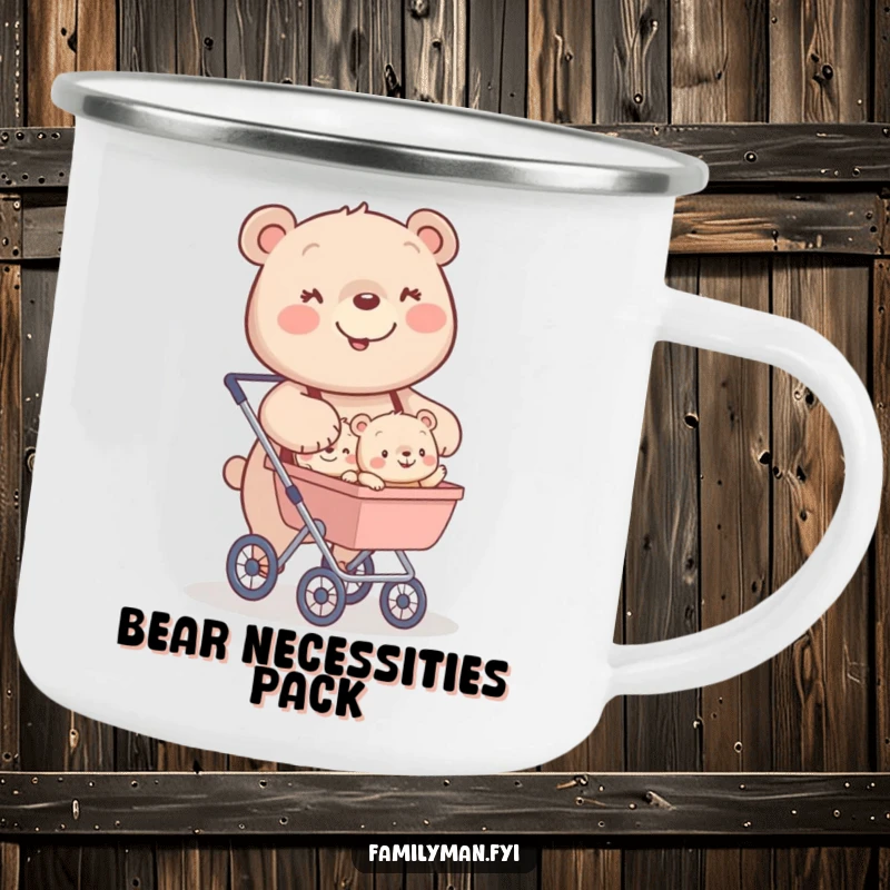 Funny camping mug with a happy bear character pushing a stroller filled with tiny, smiling bear cubs.