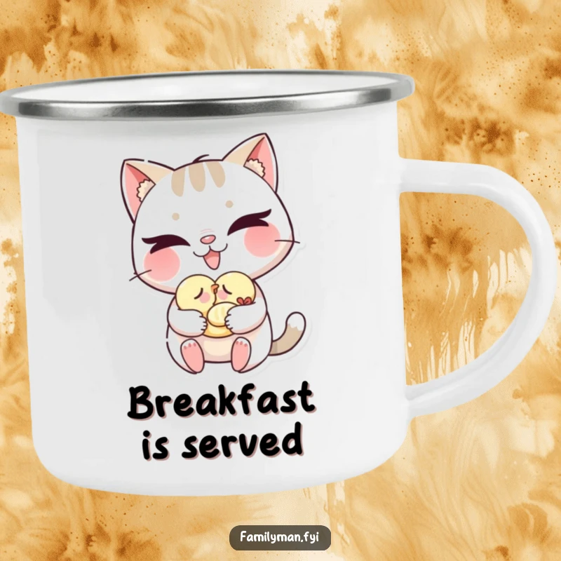 Funny cat camping mug with a mischievous grin gently carrying a sleeping baby bird, for outdoor adventures.