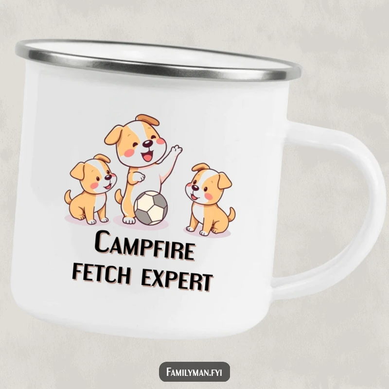 Funny camping mug showing a playful dog throwing a ball for two puppies, ideal for outdoor enthusiasts and dog lovers.