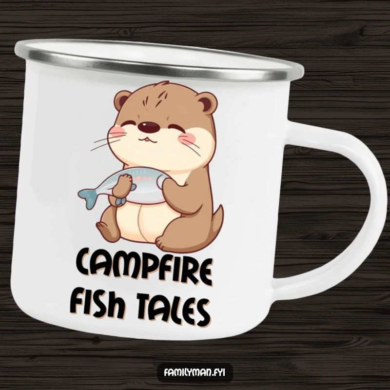 Funny Otter Camping Mug showing a playful otter sharing a fish, ideal for humorous outdoor trips and friends.