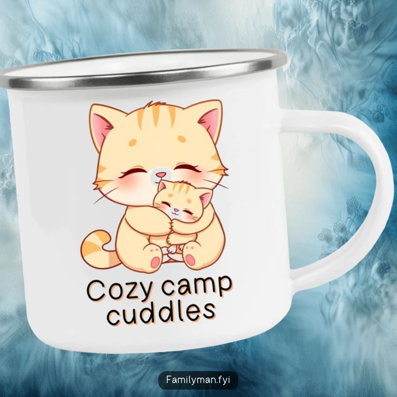 Funny Cat Camping Mug showing cats hugging, ideal for humorous outdoor trips and cat enthusiasts.