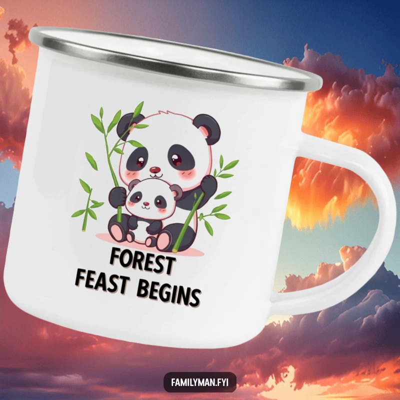 Funny panda camping mug featuring a parent panda sharing bamboo with its children, for serene outdoor enjoyment.