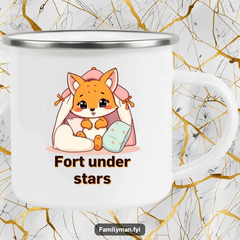 Funny fox cub camping mug, a cub creating a pillow fort in nature, perfect for rustic humor.