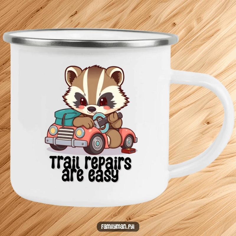 Funny badger camping mug, a determined badger fixing a toy car with a wrench in nature. Great for camping.