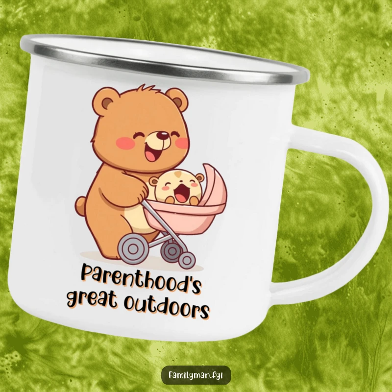 Funny camping mug with a beaming bear pushing a stroller with a yawning baby animal, perfect for parent relaxation, a funny gift.