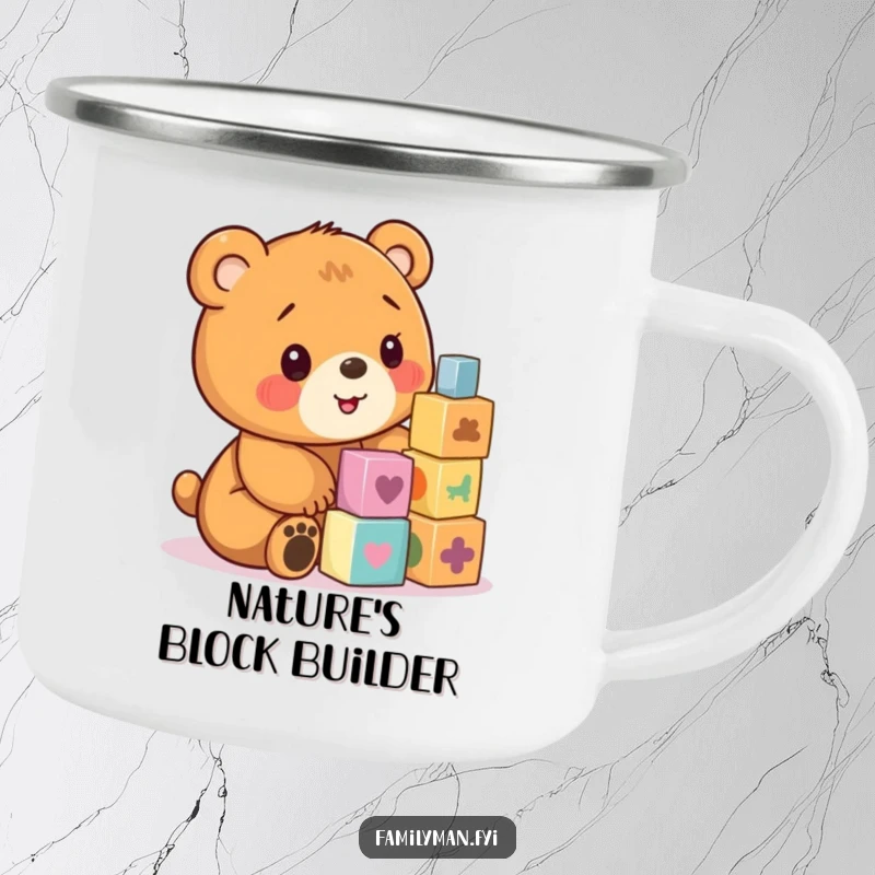 Funny enamel camping mug showing a bear cub stacking colorful wooden blocks.