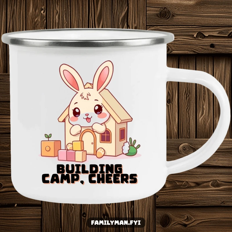 Funny playful bunny character building a house with blocks, on a durable camping mug.