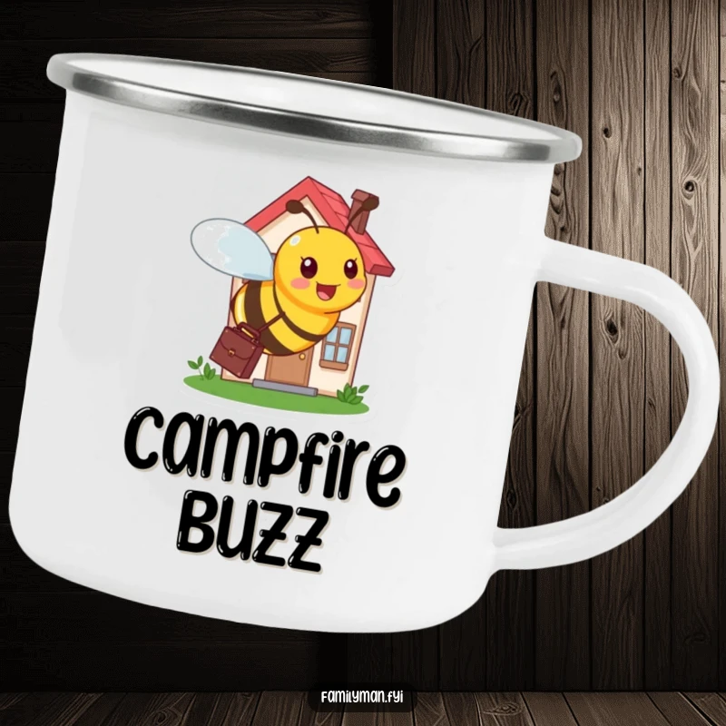 Funny camping mug showing a busy bee with a briefcase, buzzing around a tiny, bustling house.