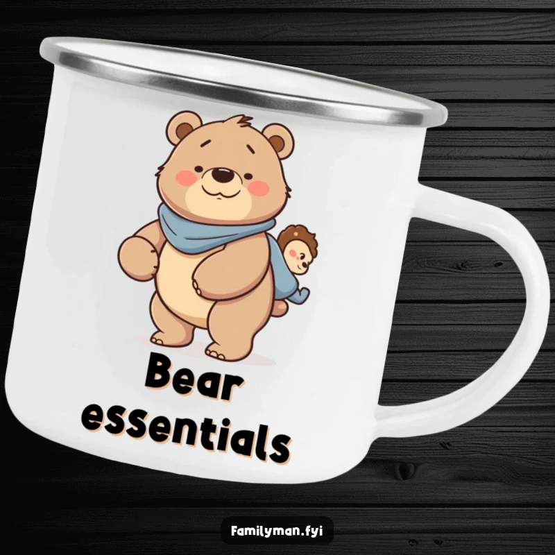 Funny Dad Bear Camping Mug: A strong father bear character smiling while giving a piggyback ride, perfect for outdoor dads.