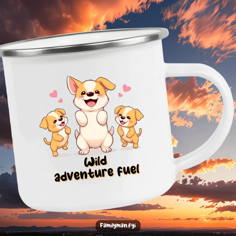 Funny camping mug featuring a happy dog juggling three playful puppies, perfect for outdoor coffee breaks.