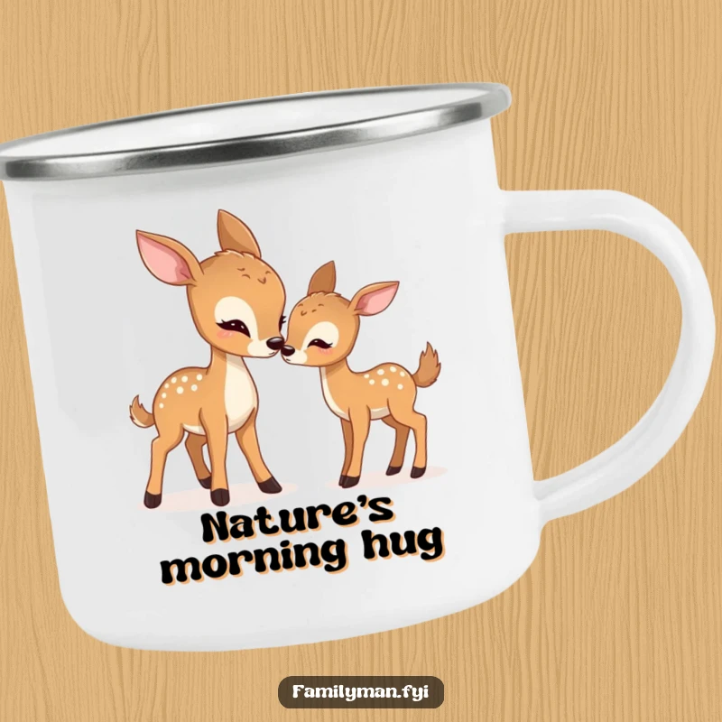Funny deer camping mug showing a doe playfully nudging her fawn, ideal for outdoor enthusiasts seeking humor.