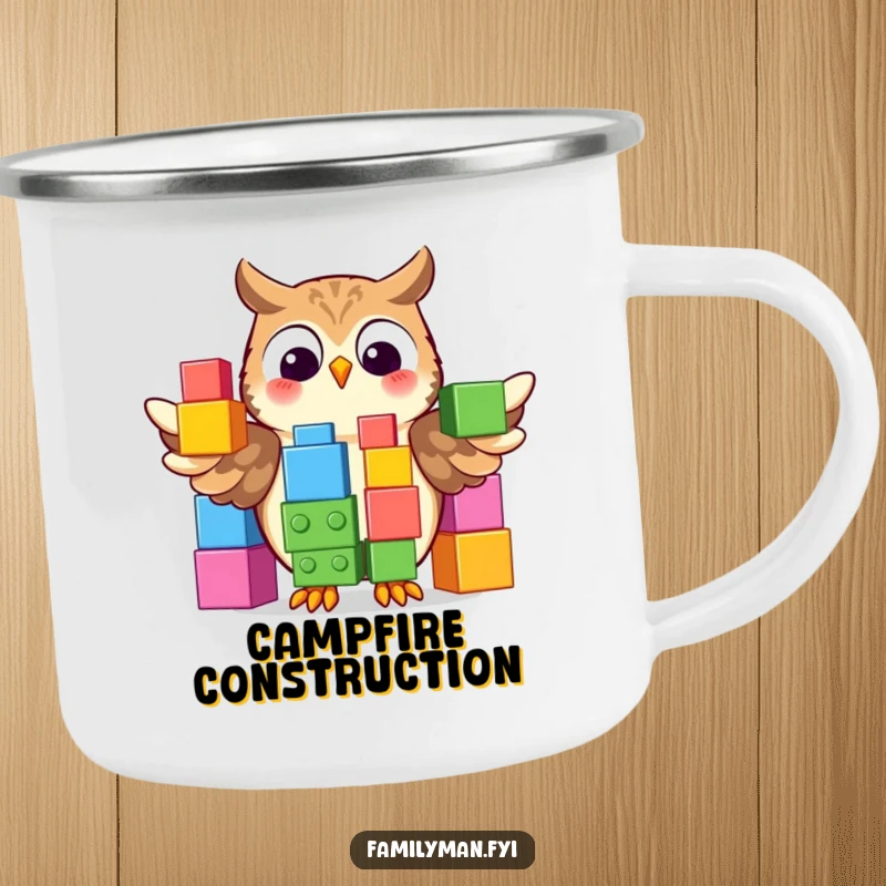 Funny Camping Mug featuring a proud owl displaying a colorful stack of oversized building blocks, ready for outdoor contemplation.