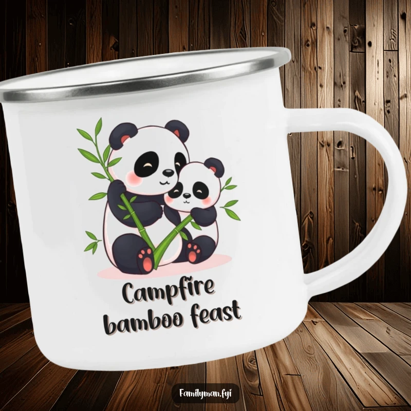 Funny camping mug with two pandas sharing bamboo, designed for outdoor use and bringing humorous vibes.