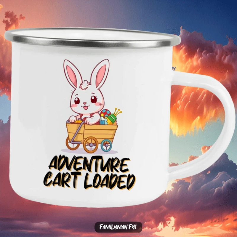 Funny rabbit camping mug with a determined look pushing an overflowing toy cart, for adventurous toy collectors.